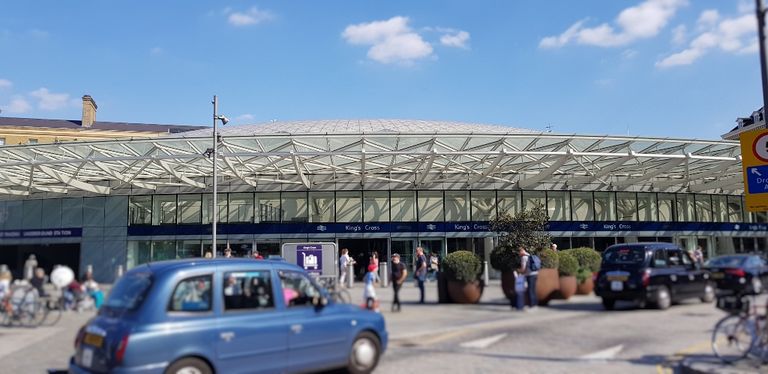 An image taken from the main exit from St Pancras on Pancras Road with King's Cross station across the street.